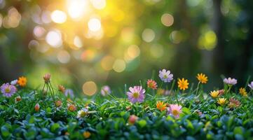 Colorful Wildflowers Blooming in a Lush Green Meadow on a Sunny Day photo