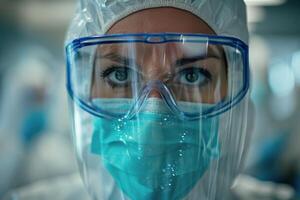 Close Up of a Woman Wearing a Protective Respirator Mask and Goggles photo