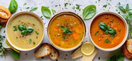 Three Bowls of Tomato Soup With Fresh Basil and Bread Slices photo