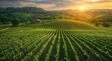 Green Vineyard Rows At Sunset In A Rural Landscape photo