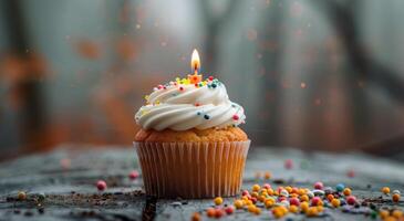 Single Birthday Cupcake With Candle and Sprinkles on a Snowy Surface photo