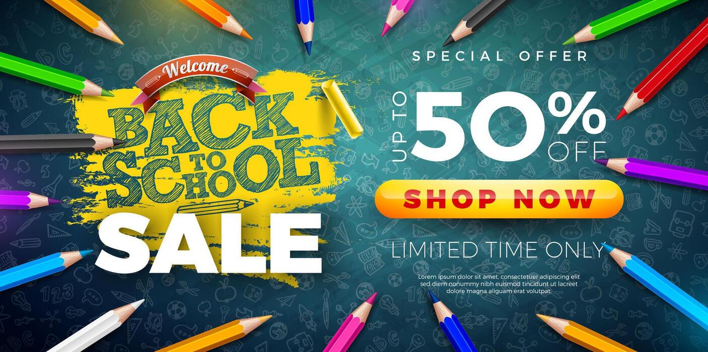 Back to School Sale Design with Colorful Pencil and Typography Lettering on Dark Chalkboard Background. Illustration for Special Offer, Coupon, Voucher, Banner, Flyer, Poster, Invitation or