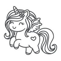 cute unicorn coloring page, a black and white drawing of a kawaii pony vector