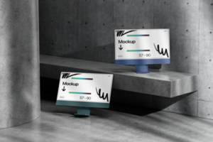 3d Desktop Computer Mockup with Industrial Concrete Background psd