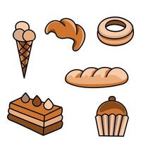 Set of bakery, cupcake, croissant, dessert, bread, donut and ice cream vector