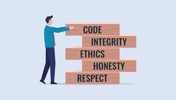 Business culture and code of conducts concept with wooden blocks with words code, integrity, ethics, honesty and respect. vector