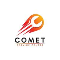 Comet service center logo design. Abstract minimalist comet shape and wrench combination symbol concept. vector