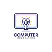 Computer Innovation logo design. Creative minimalist monitor and bulb idea combination concept. Modern tech symbol design. vector