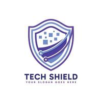 Abstract tech shield logo design. Tech digital element combined with shield emblem. vector