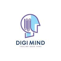 Abstract minimalist digital tech element and head combination logo design template. vector