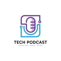 Tech Podcast logo design. Minimalist microphone and digital tech element combination design concept. vector