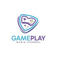 Gaming controller and play media symbol combination. Modern minimalist logo symbol template. vector