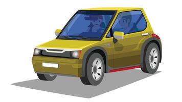 or Illustrator of isometric view of yellow car. Glass transperate can view inside car. Driving man with lover go to travel. On isolated white background for textured. vector