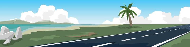 Horizontal or landscape of smooth asphalt road beside a beach and a vast sea. Surrounded by green grass with island under the blue sky and white clouds. vector