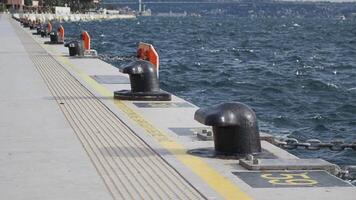 In the background, dock bollards are visible by the choppy waters near the seaside video
