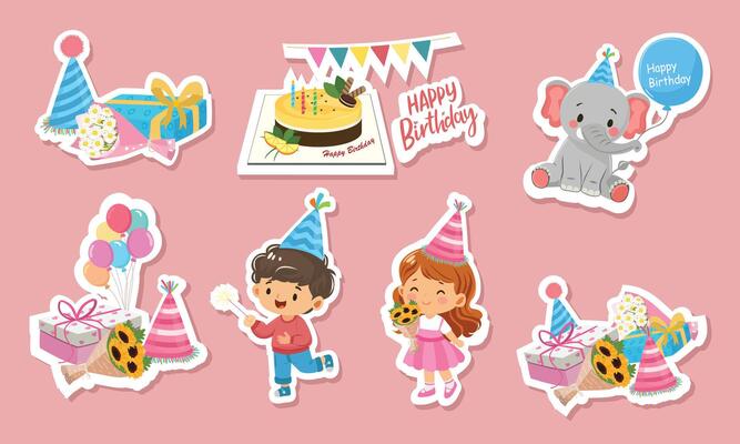Birthday sticker set. Birthday element. Happy birthday. Birthday cake, little girl, little boy, elephant, gift box, party hat, Flat in cartoon style isolated on pink background.