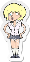 retro distressed sticker of a cartoon surprised woman with hands on hips drawing png