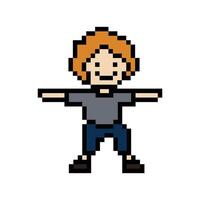 Cute pixel cartoon 8bit character man exercises training dance lifestyle decoration life style 8 bit male boy dance with music game fitness isolated. vector