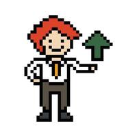 Cute pixel cartoon 8bit character business man businessman smart game for decoration business 8 bit male career smart character game. vector