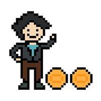 Cute pixel cartoon 8bit character business man businessman smart game for decoration business 8 bit male career smart character game. vector