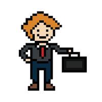Cute pixel cartoon 8bit character business man businessman smart game for decoration business 8 bit male career smart character game. vector