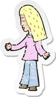 retro distressed sticker of a cartoon woman with open arms drawing png