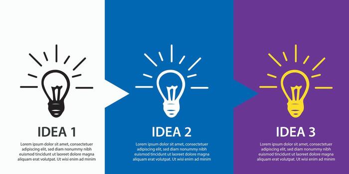 3 idea lights light up in different colors. graphic info template with concept of finding 3 different ideas. vector
