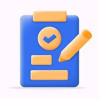3d illustration icon, whiteboard document, task completed with check mark symbol, and pen vector