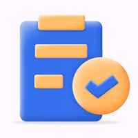 3d illustration icon, whiteboard document, task completed with check mark symbol vector