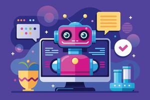 A friendly robot with a cheerful expression appears on a computer screen in a laboratory setting. There is a checkmark, suggesting the robot has completed a task. vector