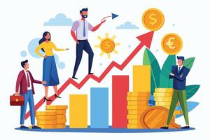 An illustration of business people climbing up a red growth chart with stacks of gold coins, symbolizing financial success. vector