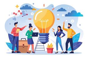 A team of four people are standing around a giant light bulb, brainstorming new ideas. They are all smiling and looking excited about the possibilities. vector