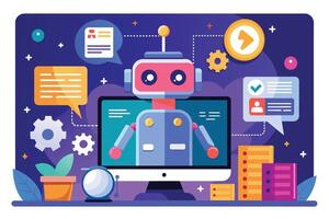 An illustration of a robot sitting in front of a computer, assisting with technology tasks. vector