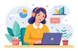 A cartoon illustration of a woman with headphones, smiling and working on a laptop. She is sitting at a desk with plants nearby, and charts and a pie chart are visible in the background. vector