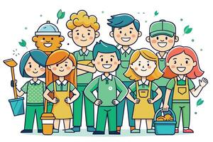 A group of eight cartoon characters, both male and female, in green uniforms and aprons, stand together smiling and looking happy. vector
