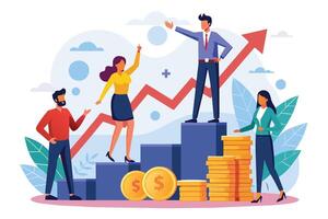 An illustration of four business people climbing stairs to success with a red arrow pointing upwards and gold coins. vector