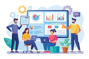 A team of four people, two men and two women, discuss data displayed on a large computer screen during a meeting. They analyze charts, graphs, and numbers to gain insights and make informed decisions. vector