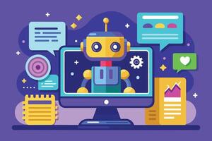 A cartoon robot assistant is working on a computer with chat bubbles and data graphs around it, representing tasks and information. vector