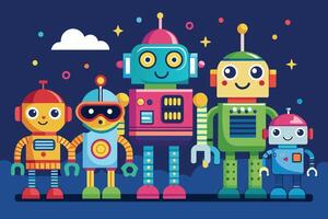 An illustration of five colorful robots standing together against a dark blue background with stars and a white cloud. vector