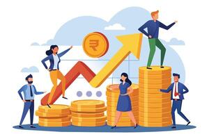 Illustration of four business professionals climbing up stacks of rupee coins, representing financial success and growth. vector