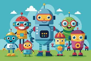 A group of seven cartoon robots are standing on green grass, smiling and looking happy. vector