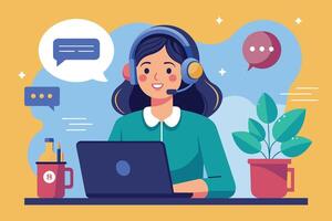 A smiling woman wearing a headset is working at a desk with a laptop. She is using her computer to help customers and answer questions. There is a plant on the desk, and a cup of coffee nearby. vector