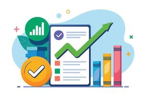 Illustration of a digital document with a green arrow pointing upward, along with checkmarks and bar graphs, representing positive growth and success. vector