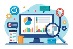 A desktop computer screen shows various business analytics data including charts, graphs, and a pie chart, with a magnifying glass hovering over the screen. vector