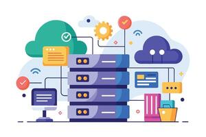 Illustration depicting a modern data center server infrastructure with multiple interconnected cloud servers and secure connections. vector