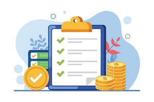 Illustration of a completed checklist with stacks of coins and checkmarks, suggesting a financial goal achieved or a successful task. vector