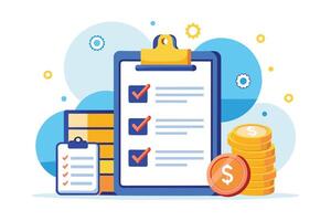 A colorful illustration depicting a completed checklist and a stack of gold coins. The checklist is on a clipboard with a yellow binder clip. vector