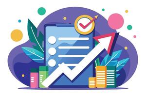 A colorful illustration of an app with a checklist and an upward trend arrow indicating growth and success. vector