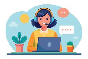 A cheerful cartoon woman wearing a headset and using a laptop is depicted in a customer service setting. She is smiling and appears to be actively engaging with a client. vector
