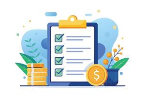 An illustration depicting a checklist with completed tasks, a stack of gold coins, and a dollar coin, symbolizing financial success and accomplishment. vector